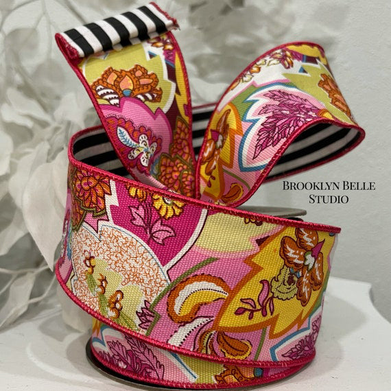 Colorful Floral Ribbon With Stripe Backing