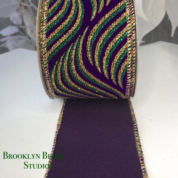 10 Yards X 2.5 Inch Purple Green Gold Glitter Ribbon