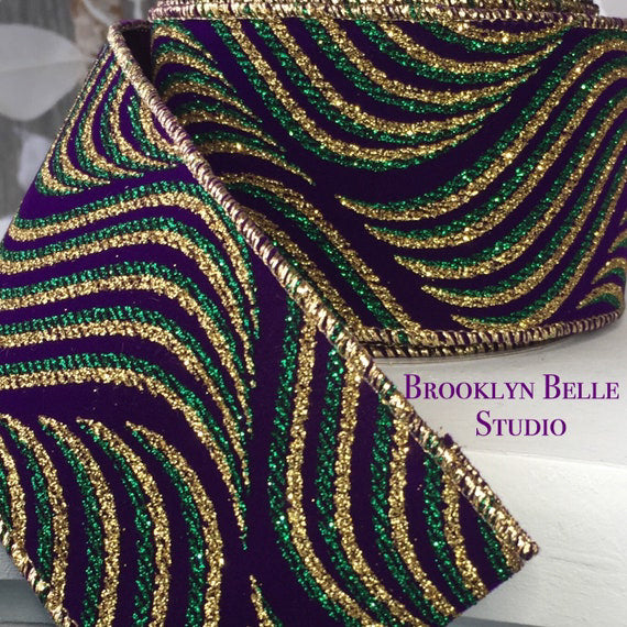 10 Yards X 2.5 Inch Purple Green Gold Glitter Ribbon