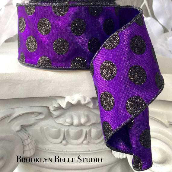 10 Yards X 2.5 Inch Purple And Black Glitter Ribbon