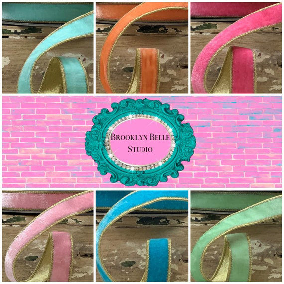 Popping Blue Velvet Ribbon With Gold Backing