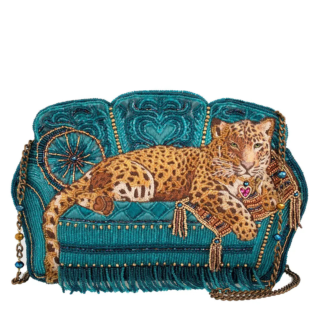 Mary Frances Lazy Leopard Beaded Teal Couch Crossbody Bag  Fashion Handbag