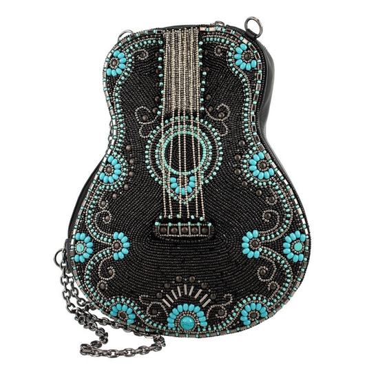 Mary Frances Turquoise Tune Guitar Shaped Beaded Crossbody Handbag