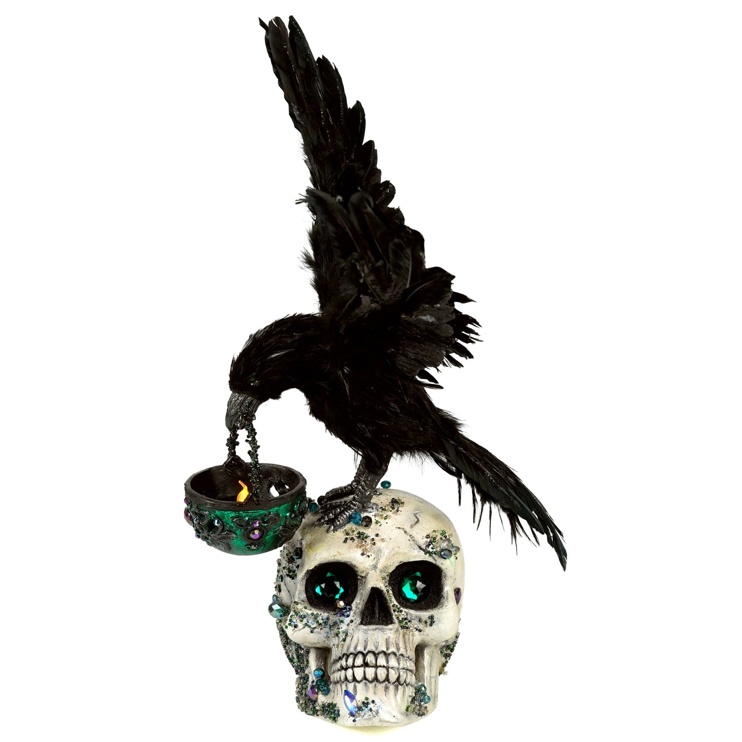 Katherine's Collection Watchful Crow with Tea Light Lantern  The Enchanted Emerald Widow Crow on Skull