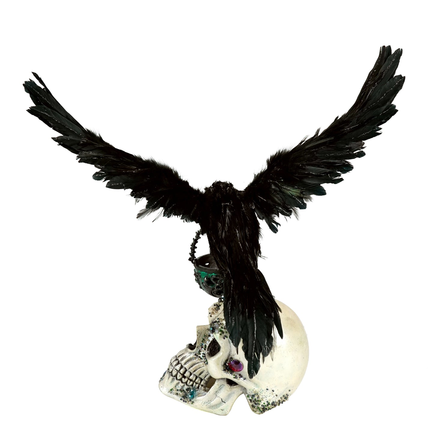Katherine's Collection Watchful Crow with Tea Light Lantern  The Enchanted Emerald Widow Crow on Skull