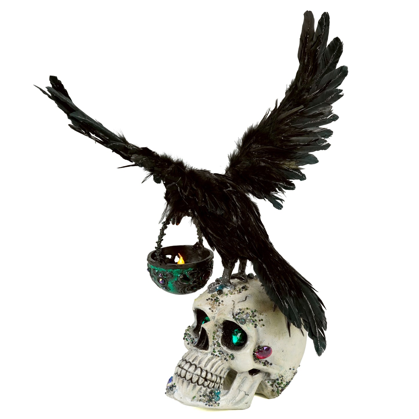 Katherine's Collection Watchful Crow with Tea Light Lantern  The Enchanted Emerald Widow Crow on Skull