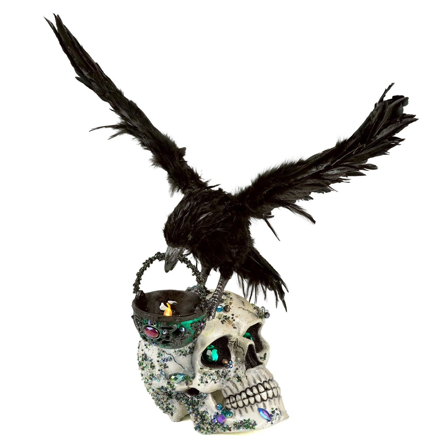 Katherine's Collection Watchful Crow with Tea Light Lantern  The Enchanted Emerald Widow Crow on Skull