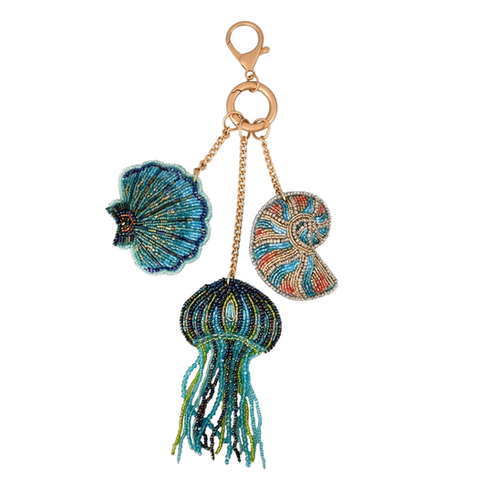 Mary Frances Shell Seeker Beaded Sea Shells and Jelly Fish Bag Charm Handbag Accessory