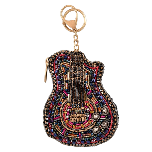 Mary Frances Boho Strings Guitar Beaded Coin Purse  Keychain Charm Handbag Accessory