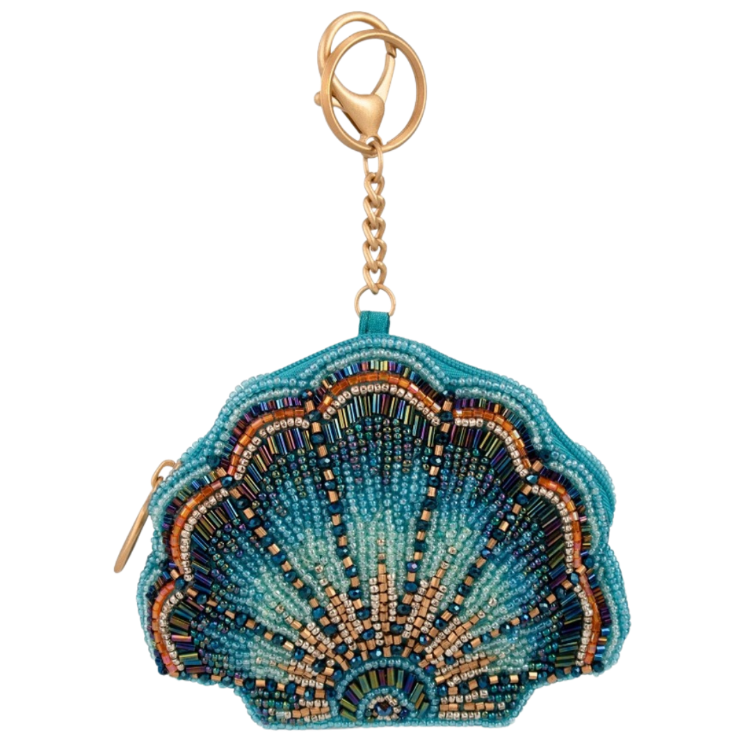 Mary Frances Blue Cove Sea Shell Beaded Coin Purse Keychain Charm Handbag Accessory