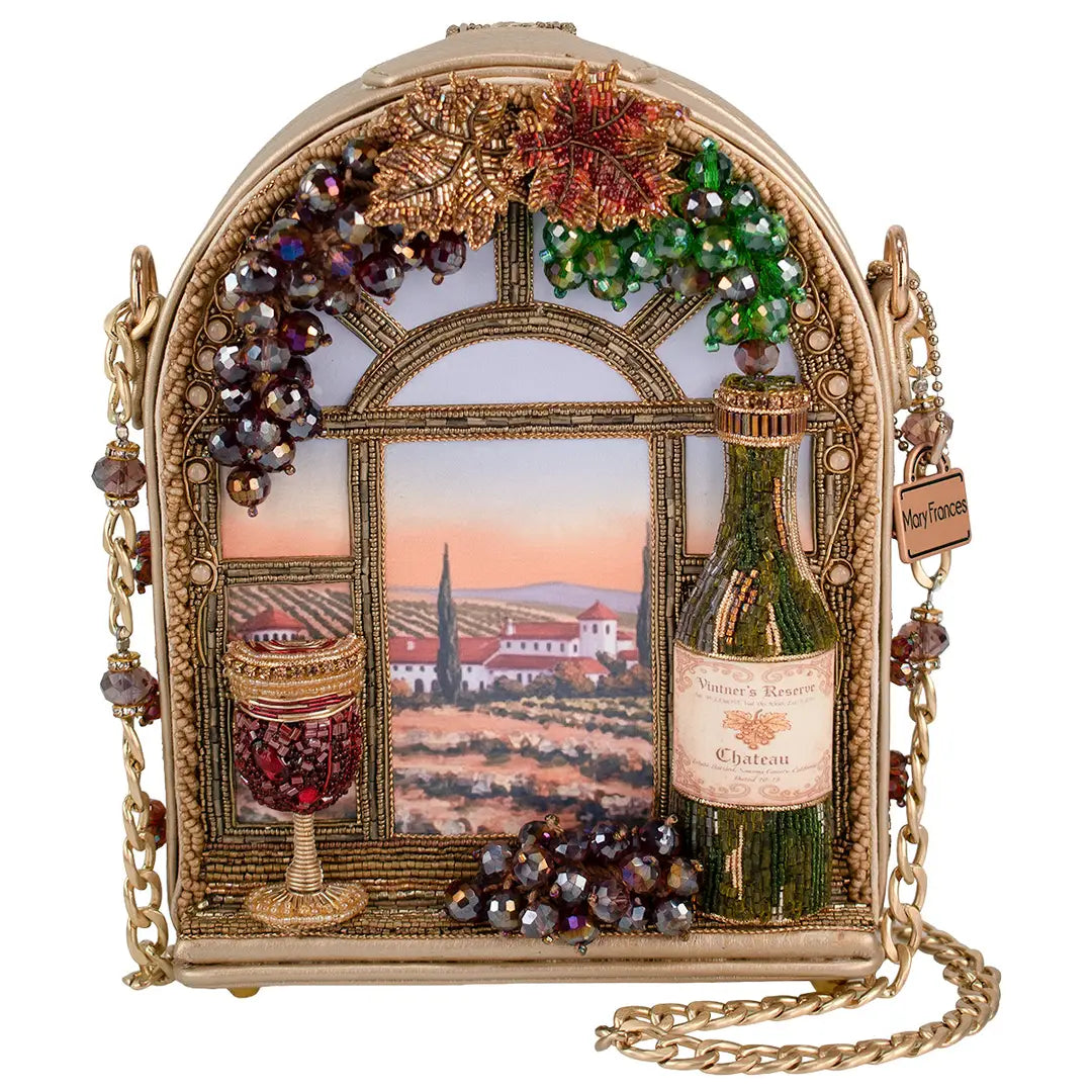 Mary Frances Wine Country Beaded Wine Bottle and Glass Crossbody Bag