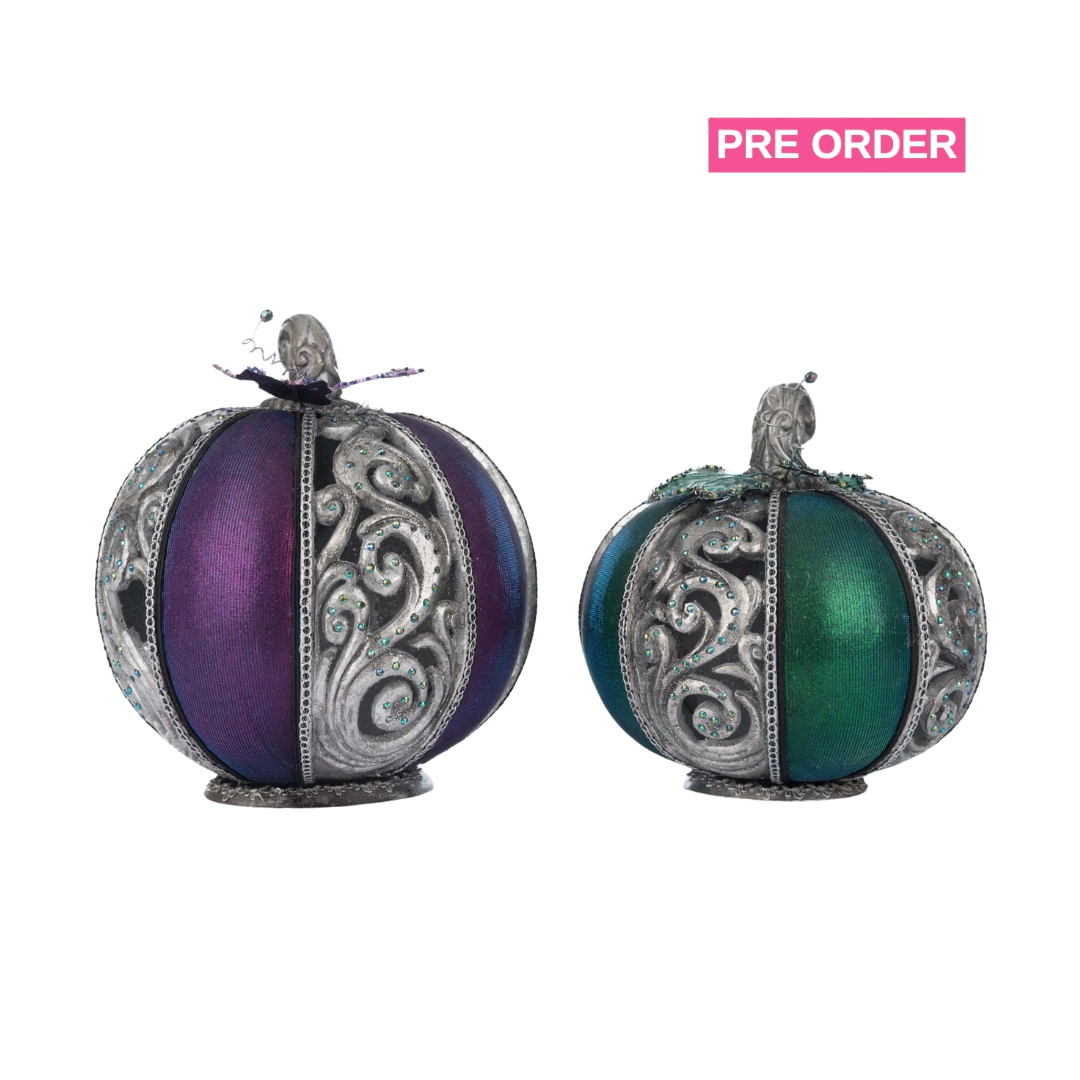 Katherine's Collection A Grimm Halloween Scrollwork Pumpkins Set of 2  Katherine's Collection Halloween Pumpkin Decorations