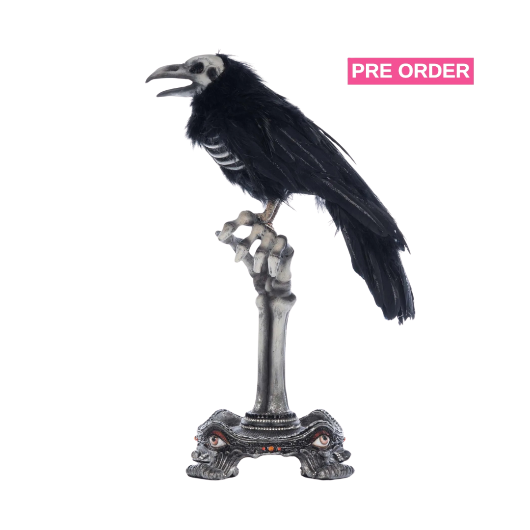 Katherine's Collection Crow on Skeleton Hand Perch   Katherine's Collection Halloween Crow Decoration