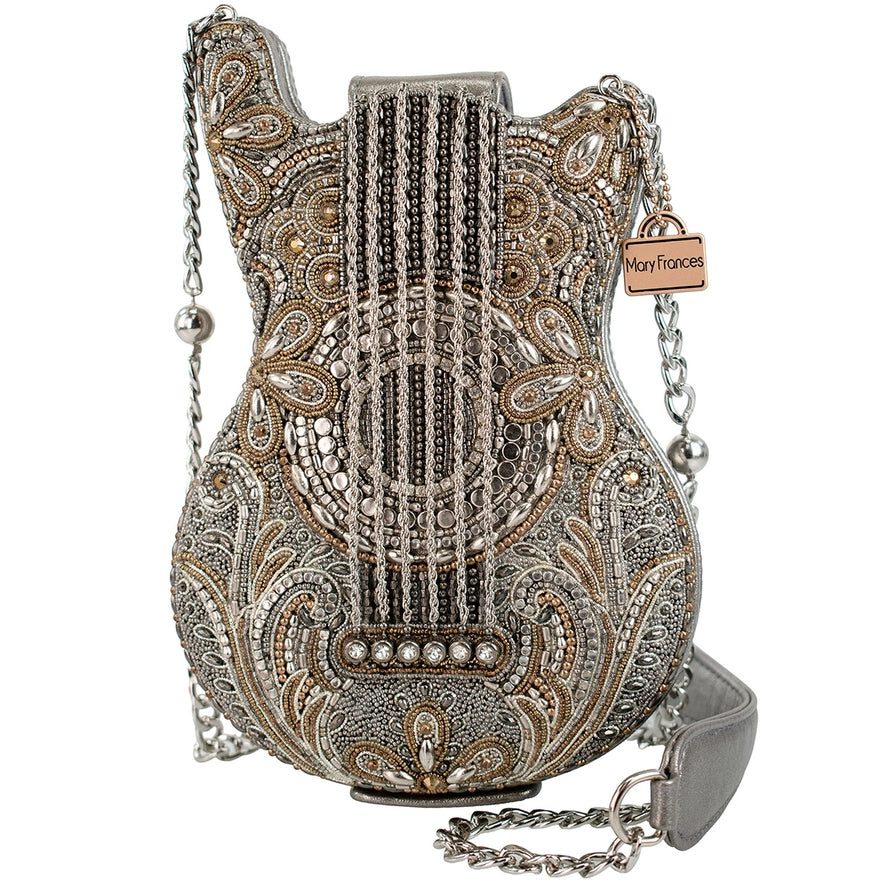 Mary Frances Headliner Beaded Silver and Gold Guitar Crossbody Bag
