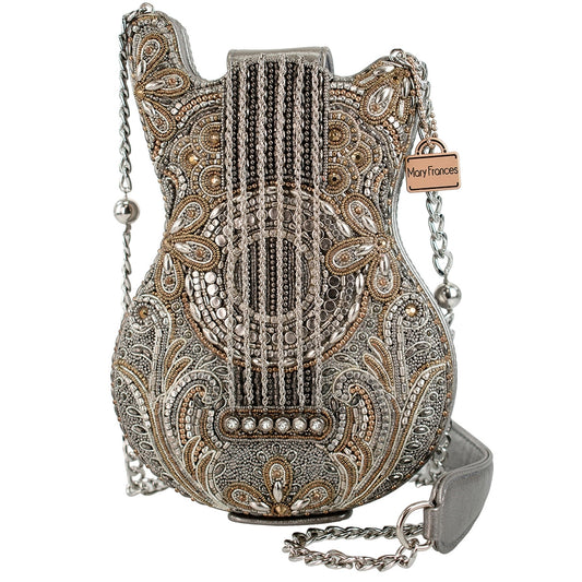 Mary Frances Headliner Beaded Silver and Gold Guitar Crossbody Bag