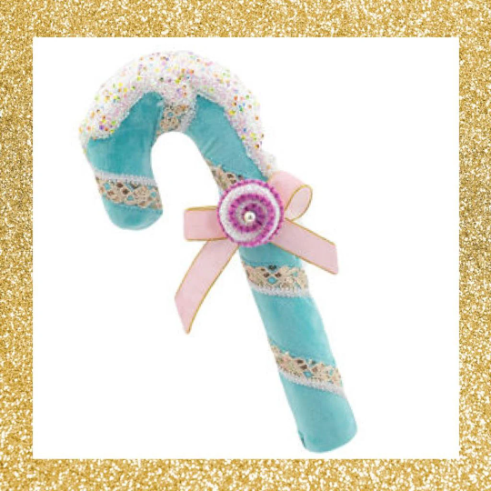 14" December Diamonds Teal Candy Cane with Pink Bow