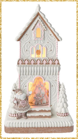 18” LED Lighted and Musical Gingerbread House with Santa White and Pink Gingerbread Decor