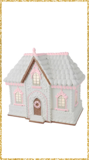 16” Lighted December Diamonds Gingerbread House Decor White and Pink Gingerbread Decor