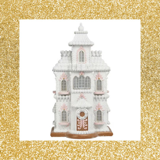 24” LED Lighted White Gingerbread House Decor White and Pink Gingerbread Decor