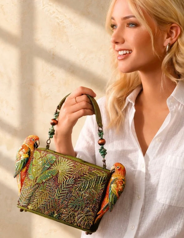 Mary Frances Feathered Friends Parrot Beaded Top Handle Handbag