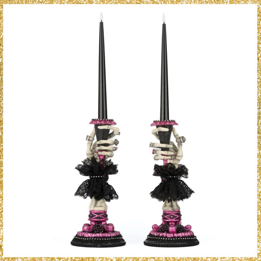 Katherine's Collection Black and Pink Skeleton Hand Candle Sticks   Katherine's Collection Halloween Skull Candle Holders