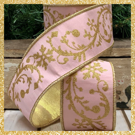 Pink and Gold Versailles Scroll Ribbon 2.5 inches x 10 yards wired ribbon
