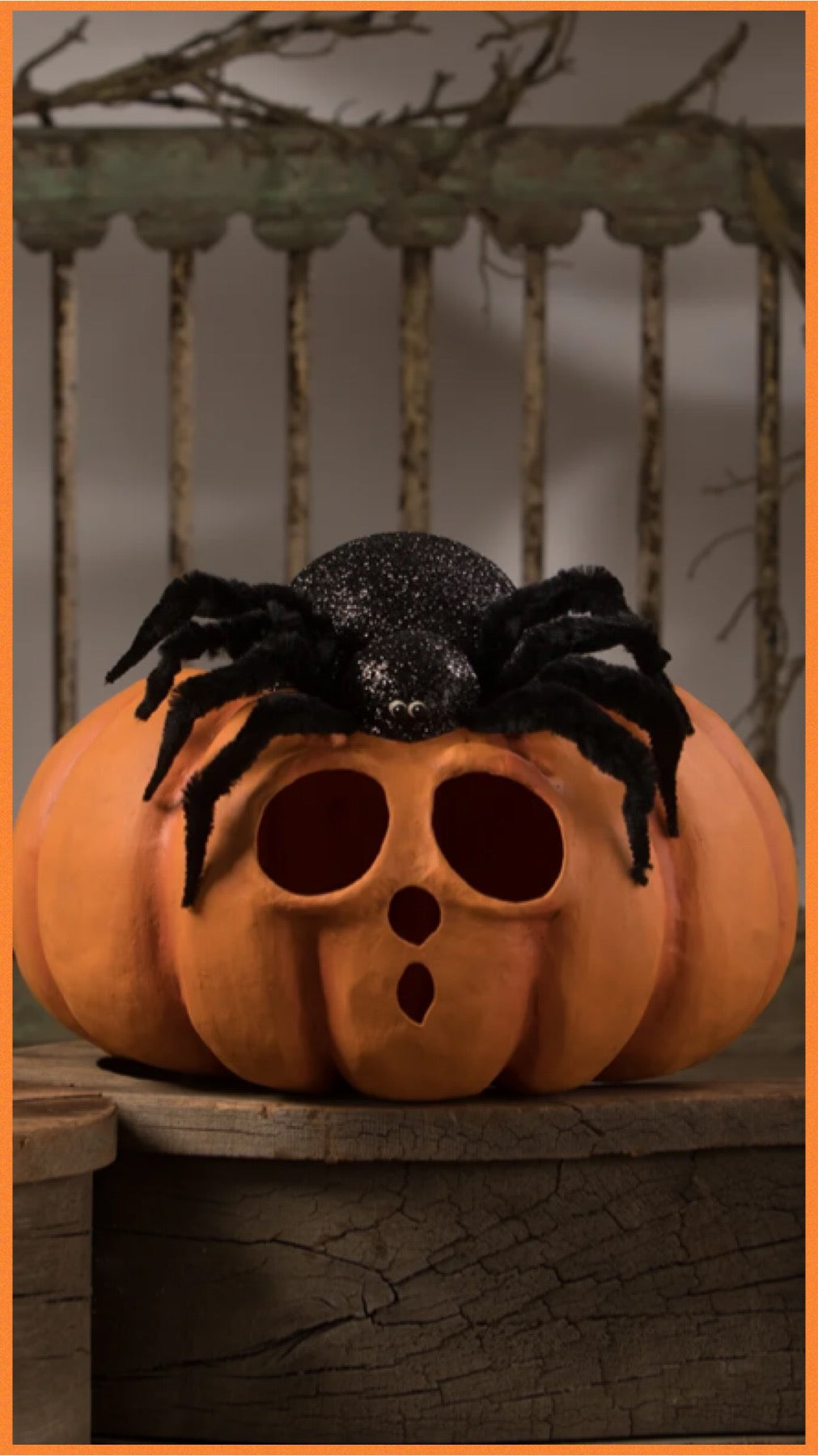 Bethany Lowe Spider On Pumpkin Jack O' Lantern    Bethany Lowe Halloween Orange Pumpkin Decoration