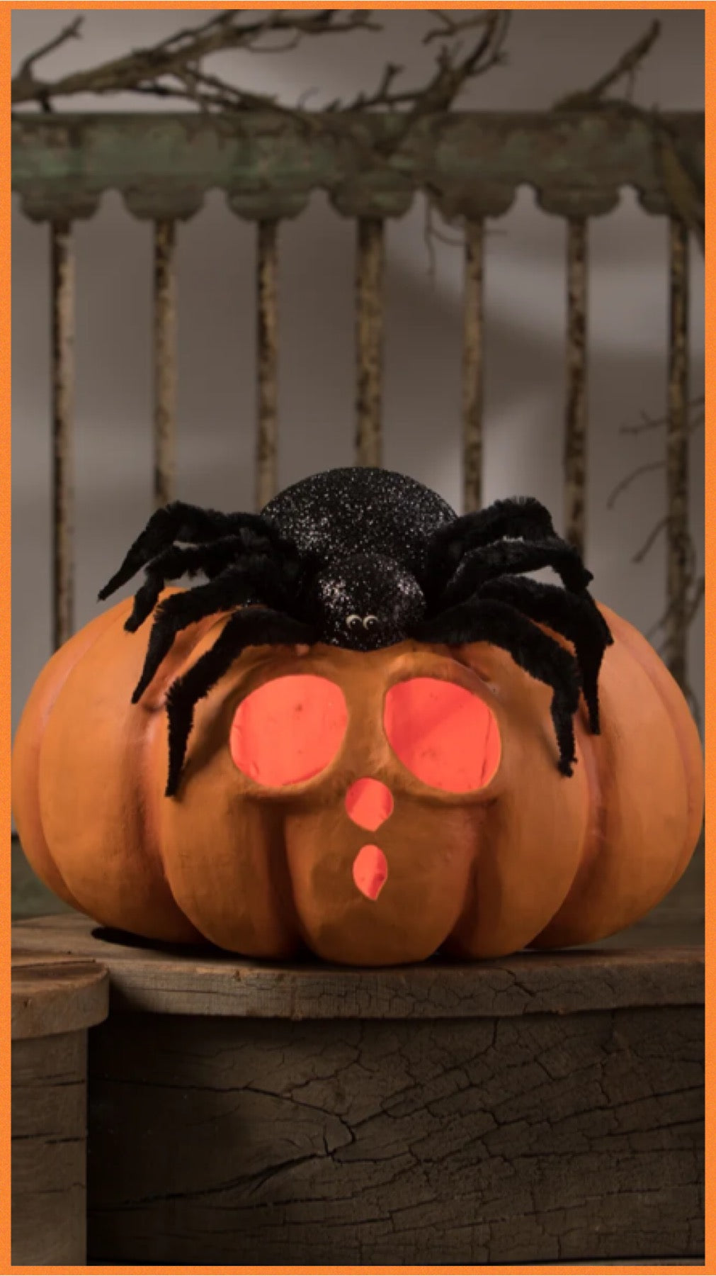 Bethany Lowe Spider On Pumpkin Jack O' Lantern    Bethany Lowe Halloween Orange Pumpkin Decoration