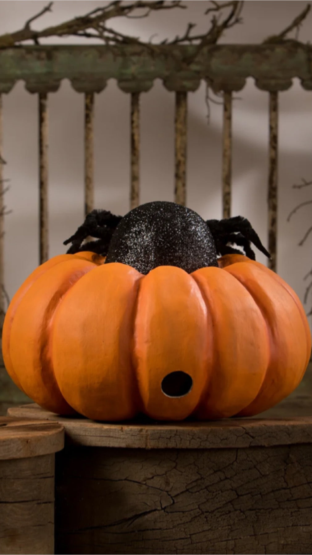 Bethany Lowe Spider On Pumpkin Jack O' Lantern    Bethany Lowe Halloween Orange Pumpkin Decoration