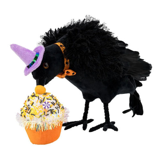 11" Black Halloween Crow with Cupcake Decoration   Black Crow Decoration