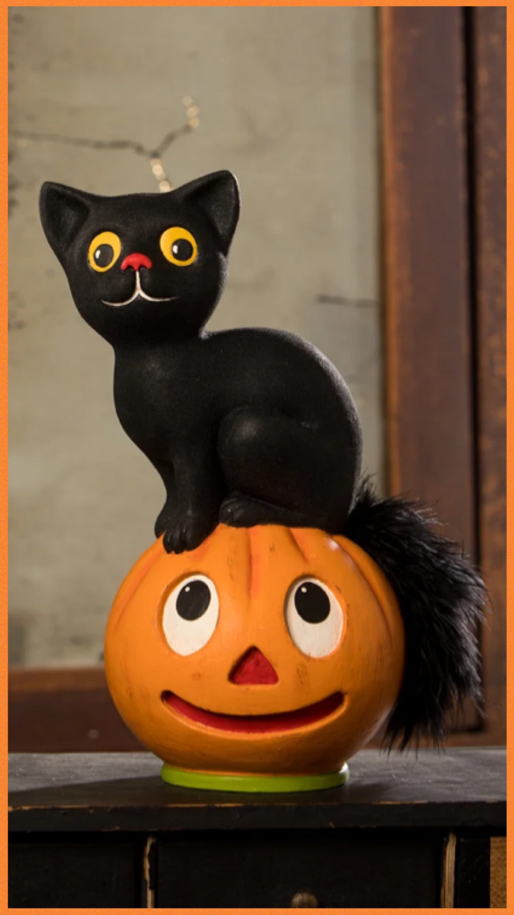 Bethany Lowe Vintage Seated Cat on Pumpkin    Bethany Lowe Black Cat on Pumpkin Halloween Decoration