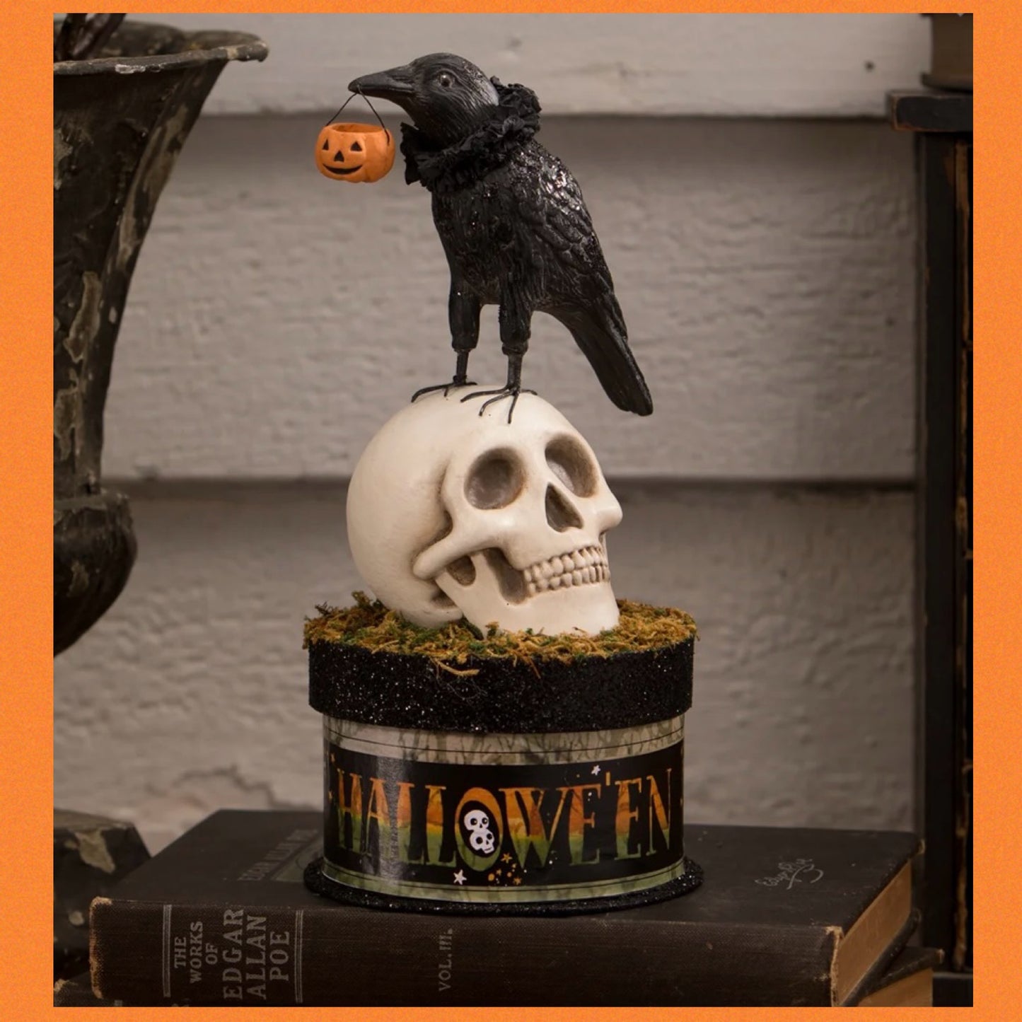 Bethany Lowe Crow and Skull on Box    Bethany Lowe Crow and Skull on Trinket Candy Box Halloween Decoration