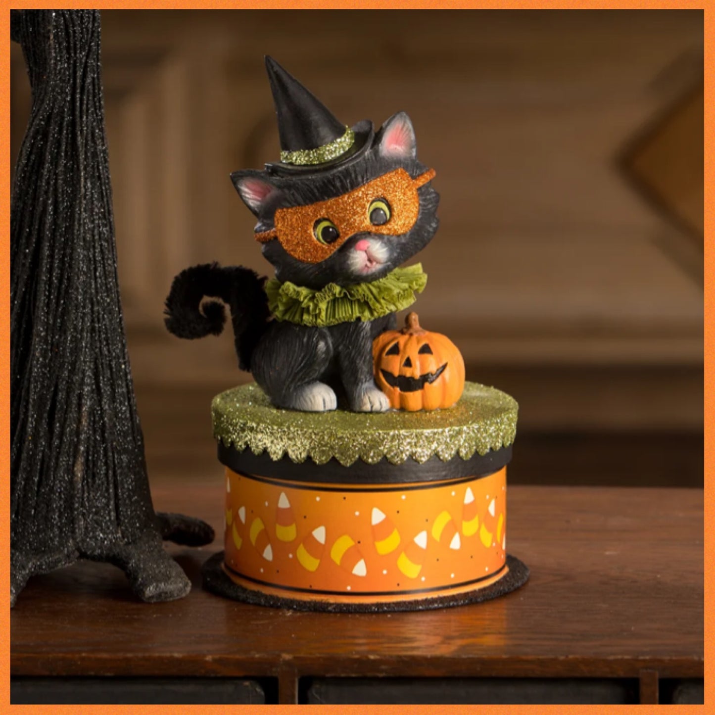 Bethany Lowe Halloween Kitty Binks on Box    Bethany Lowe Black Kitty Cat on Trinket Candy Box Halloween Decoration