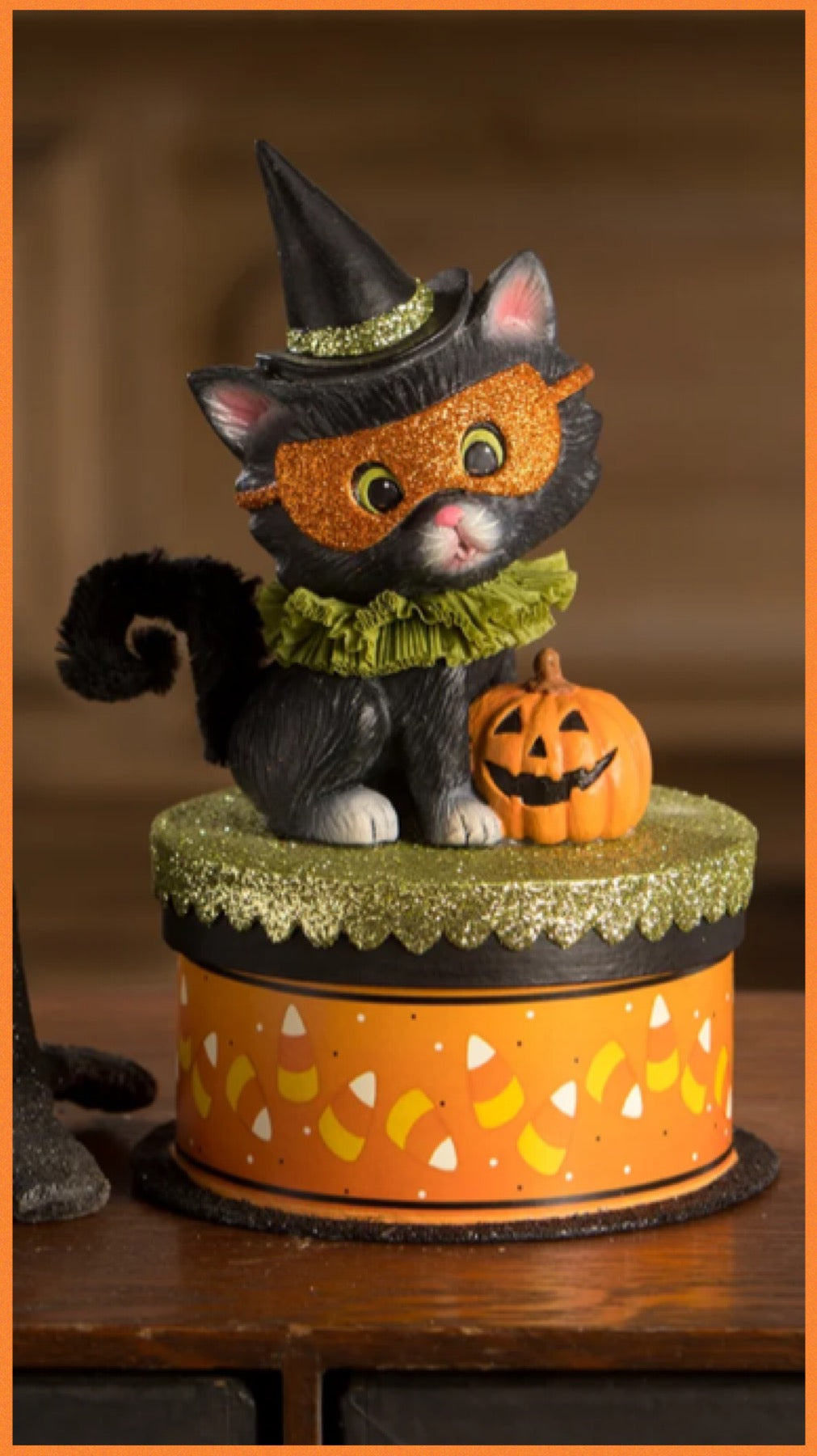 Bethany Lowe Halloween Kitty Binks on Box    Bethany Lowe Black Kitty Cat on Trinket Candy Box Halloween Decoration