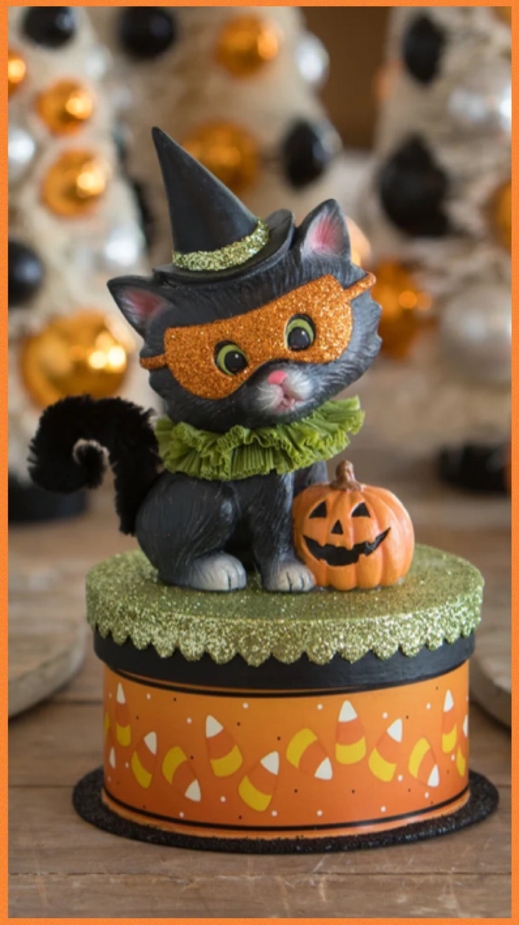 Bethany Lowe Halloween Kitty Binks on Box    Bethany Lowe Black Kitty Cat on Trinket Candy Box Halloween Decoration