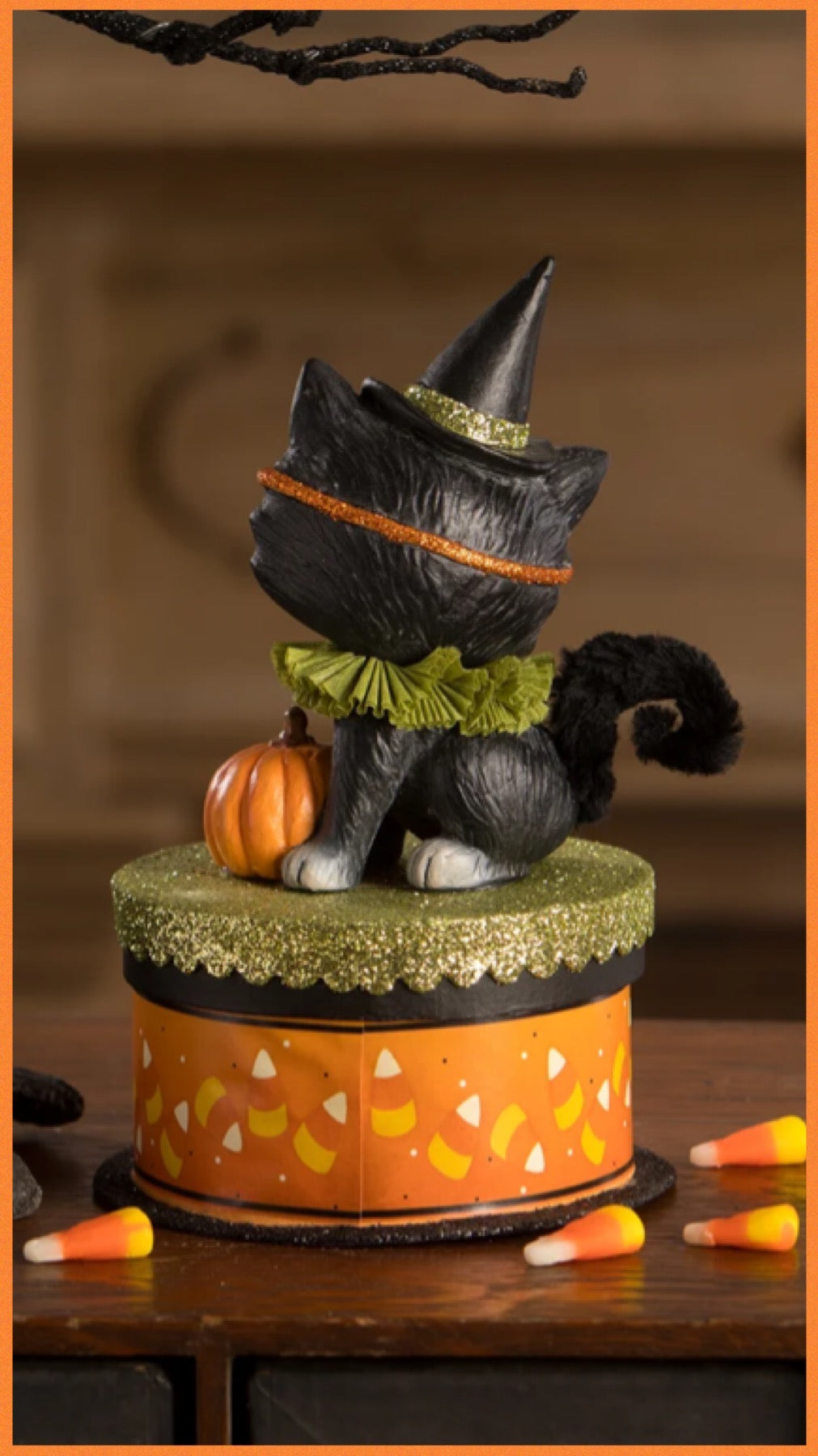 Bethany Lowe Halloween Kitty Binks on Box    Bethany Lowe Black Kitty Cat on Trinket Candy Box Halloween Decoration