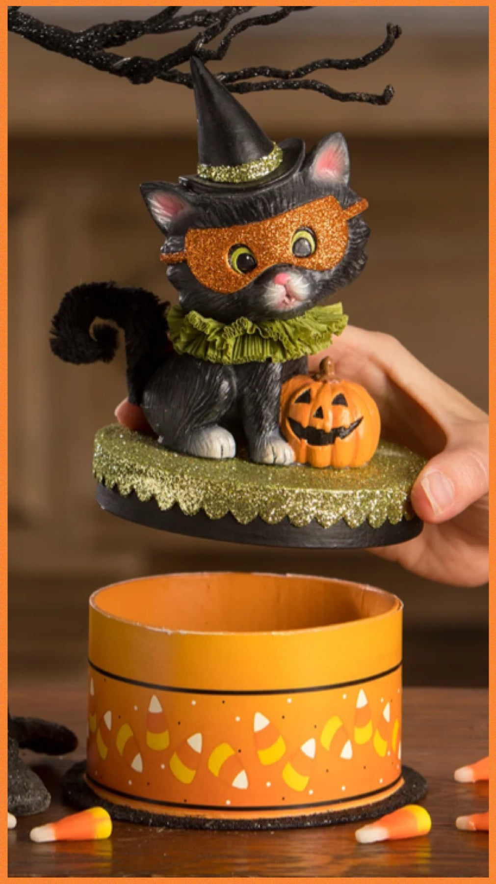 Bethany Lowe Halloween Kitty Binks on Box    Bethany Lowe Black Kitty Cat on Trinket Candy Box Halloween Decoration