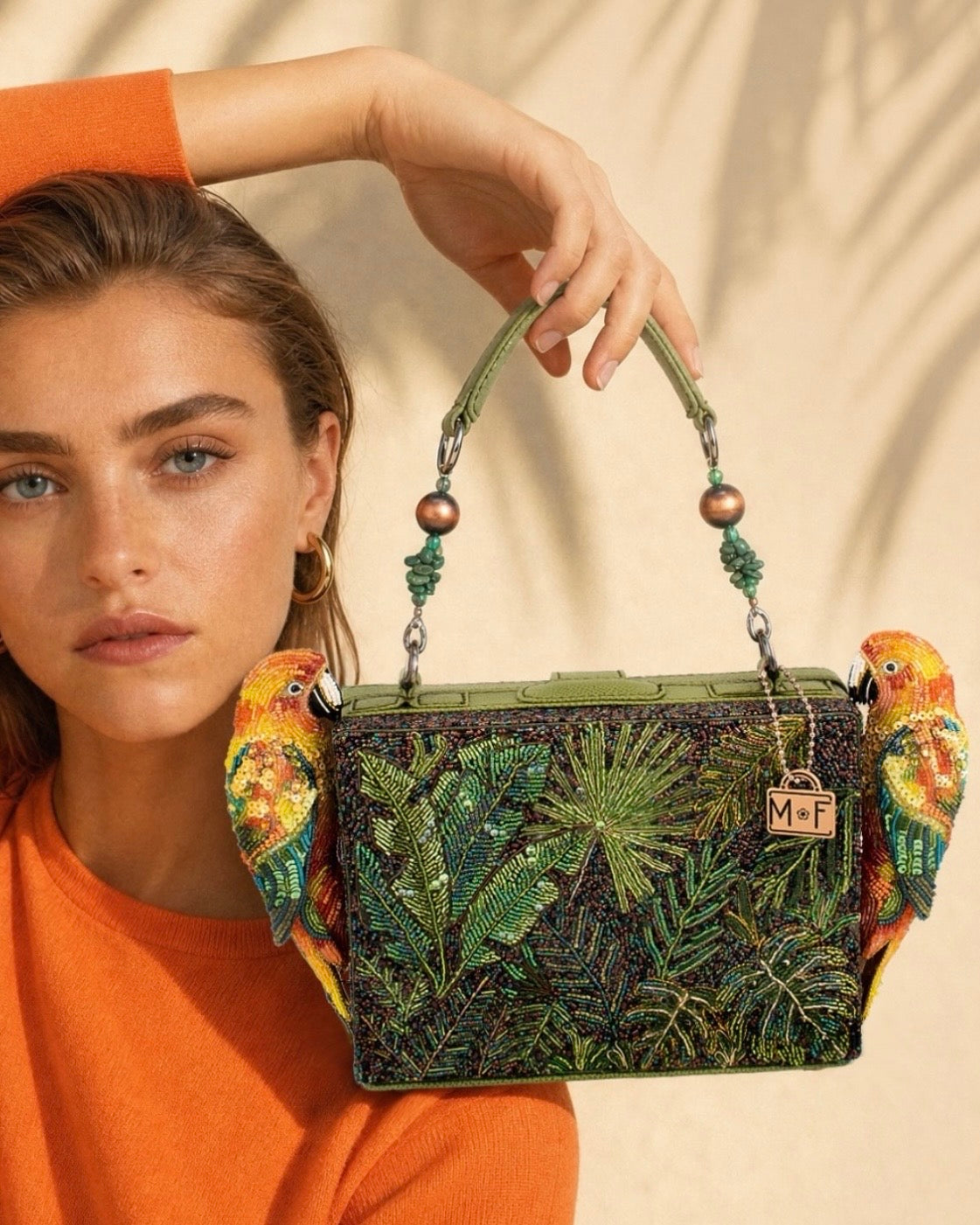 Mary Frances Feathered Friends Parrot Beaded Top Handle Handbag