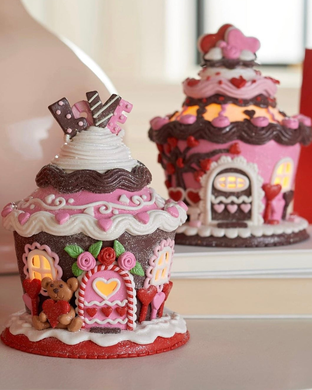 Valentine's Day Cupcake Houses Set of 2 Illuminated Cupcake Houses