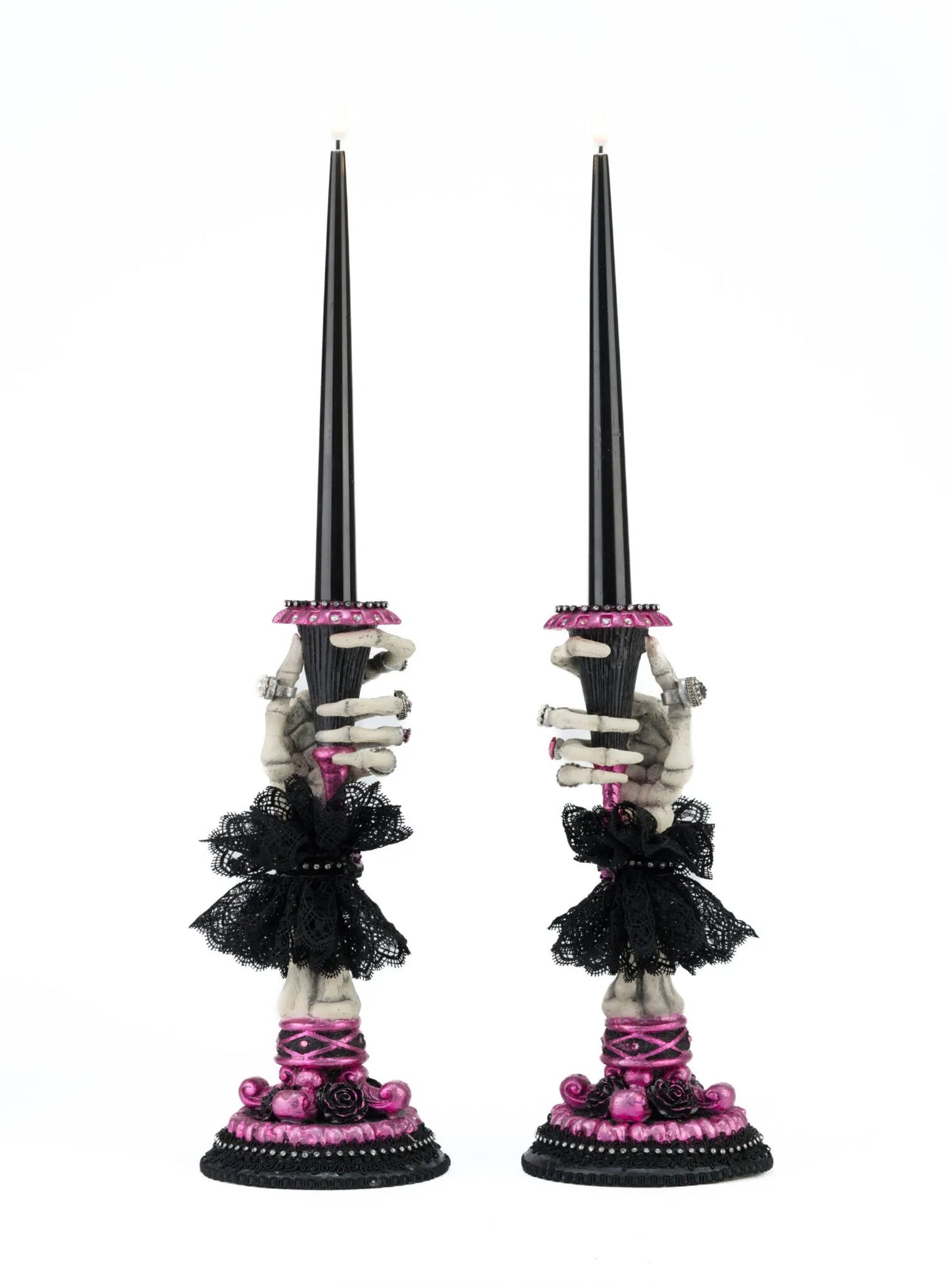 Katherine's Collection Black and Pink Skeleton Hand Candle Sticks   Katherine's Collection Halloween Skull Candle Holders