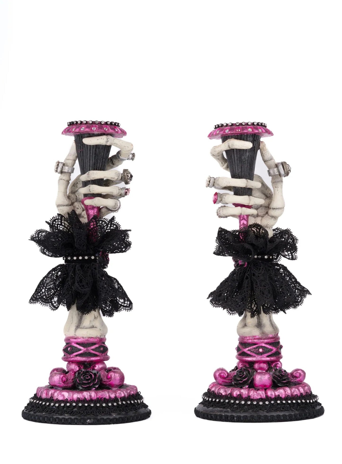 Katherine's Collection Black and Pink Skeleton Hand Candle Sticks   Katherine's Collection Halloween Skull Candle Holders