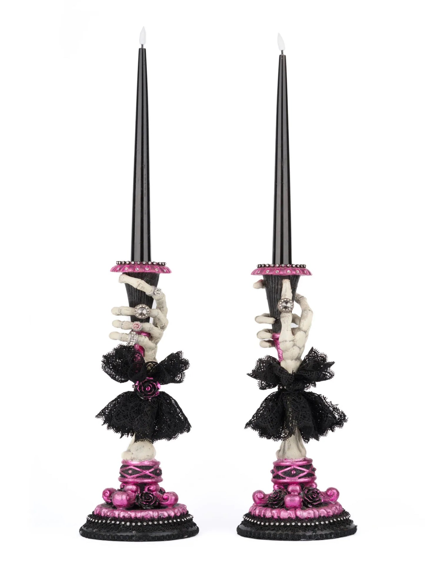 Katherine's Collection Black and Pink Skeleton Hand Candle Sticks   Katherine's Collection Halloween Skull Candle Holders