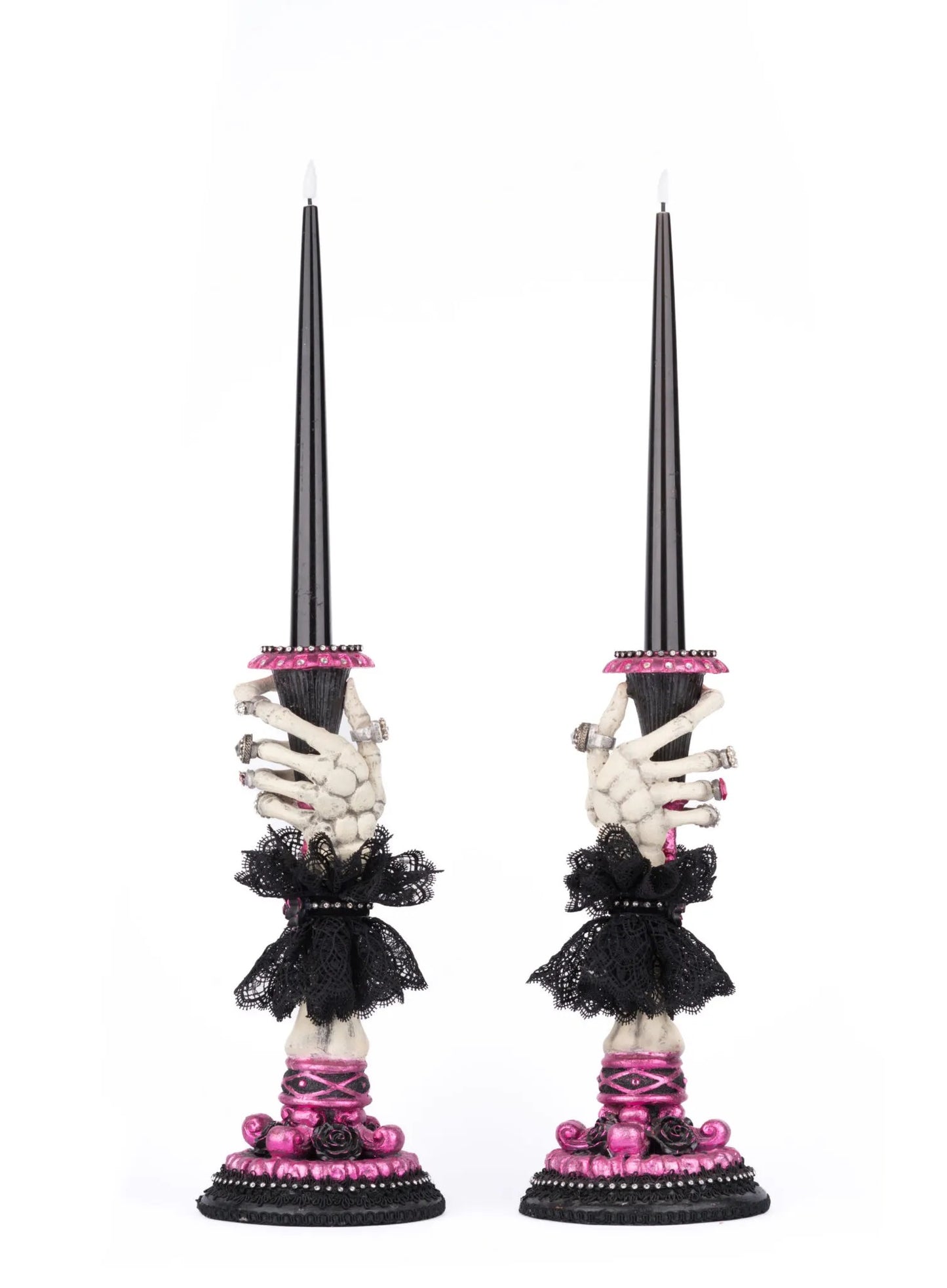 Katherine's Collection Black and Pink Skeleton Hand Candle Sticks   Katherine's Collection Halloween Skull Candle Holders