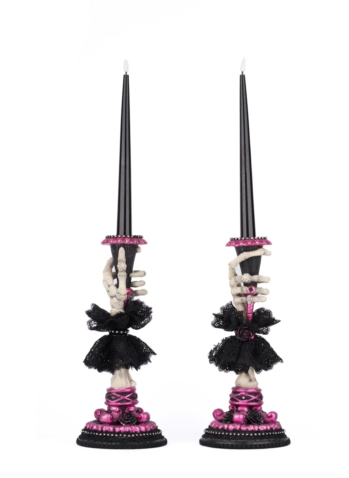 Katherine's Collection Black and Pink Skeleton Hand Candle Sticks   Katherine's Collection Halloween Skull Candle Holders