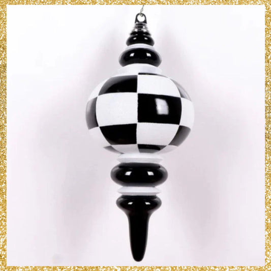 Set Of 2 Black and White Checker Finial Ornaments  Black and White Glitter Ornaments