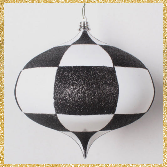 Set of 2 Black and White Checker Kismet Ornament  Black and White with Glitter Ornament