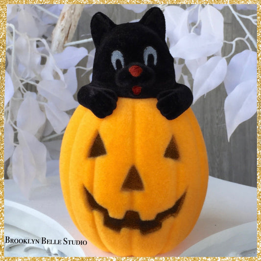 Flocked Black Cat in YELLOW Halloween Pumpkin Jack O Lantern