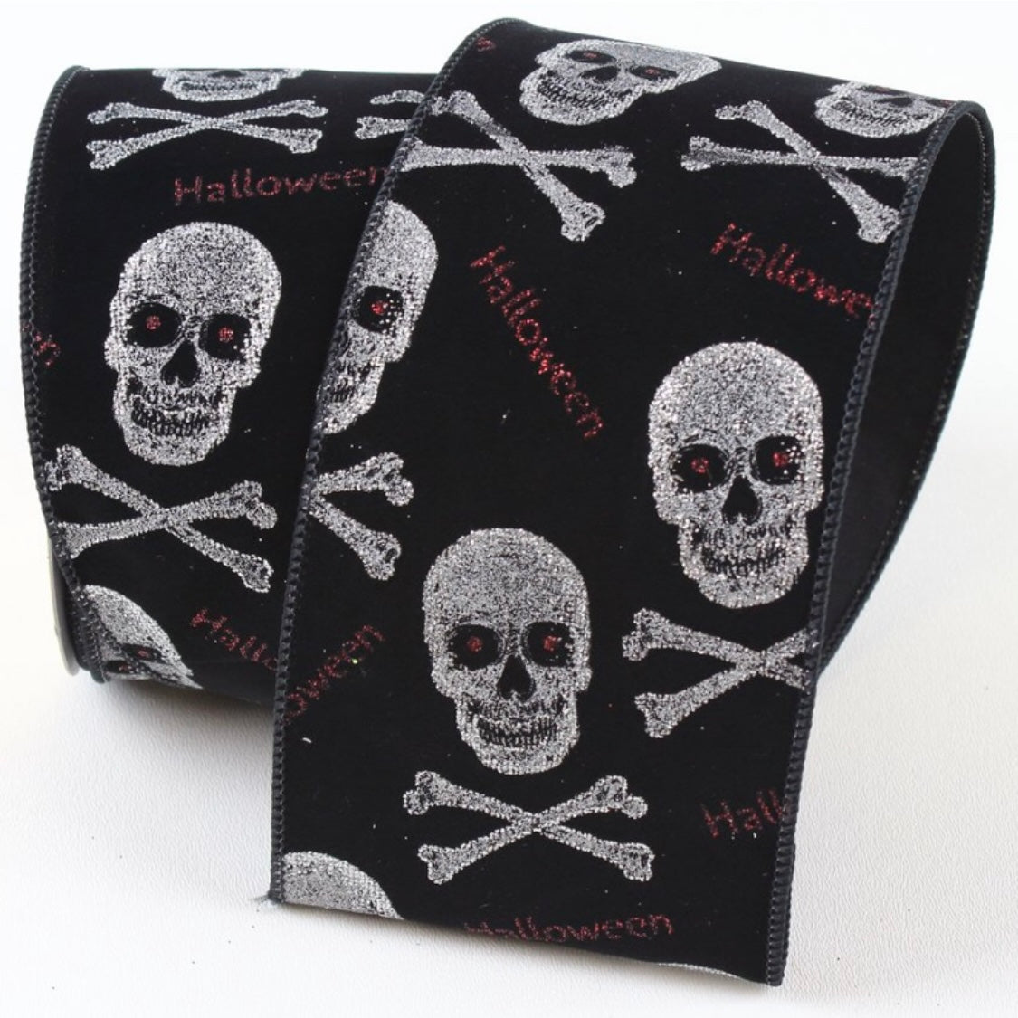 10 Yards X 4 Inch Silver Glitter Skulls Ribbon