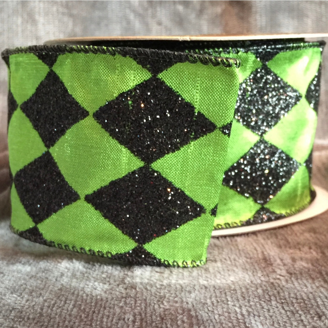 Lime Green And Black Glitter Spooky Diamonds Ribbon