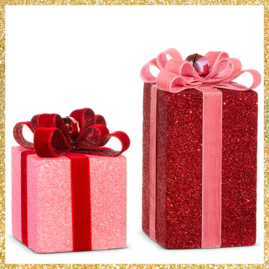 Red and Pink Sparkly Faux Packages  Set of 2  Pink and Red Christmas Decorations